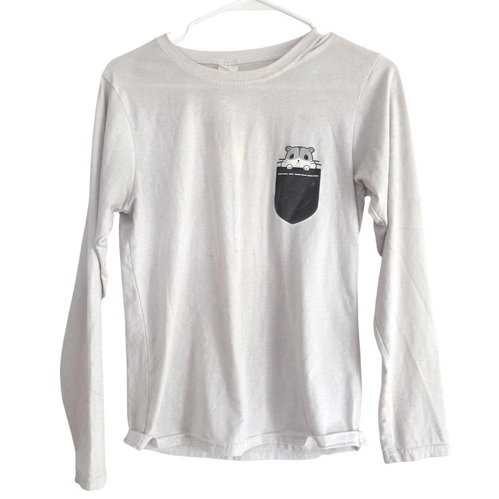Kids Long Sleeve Pocket Hamster Graphic T Shirt White Size XS